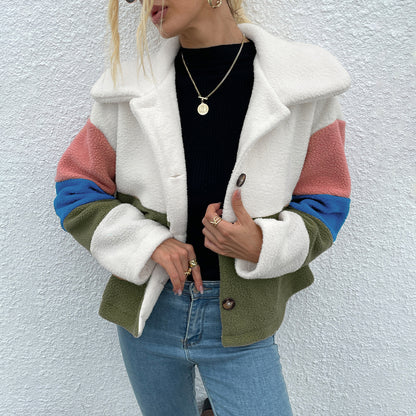 Shiny Color Block Button Down Collared Jacket - aurelia-clothing-8955