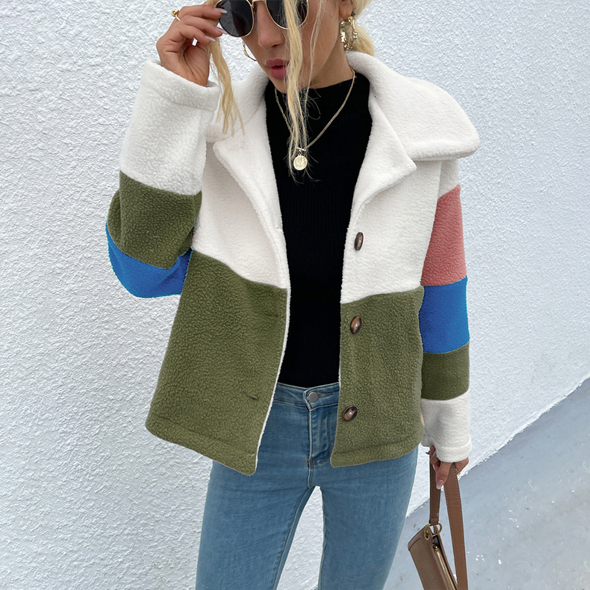Shiny Color Block Button Down Collared Jacket - aurelia-clothing-8955