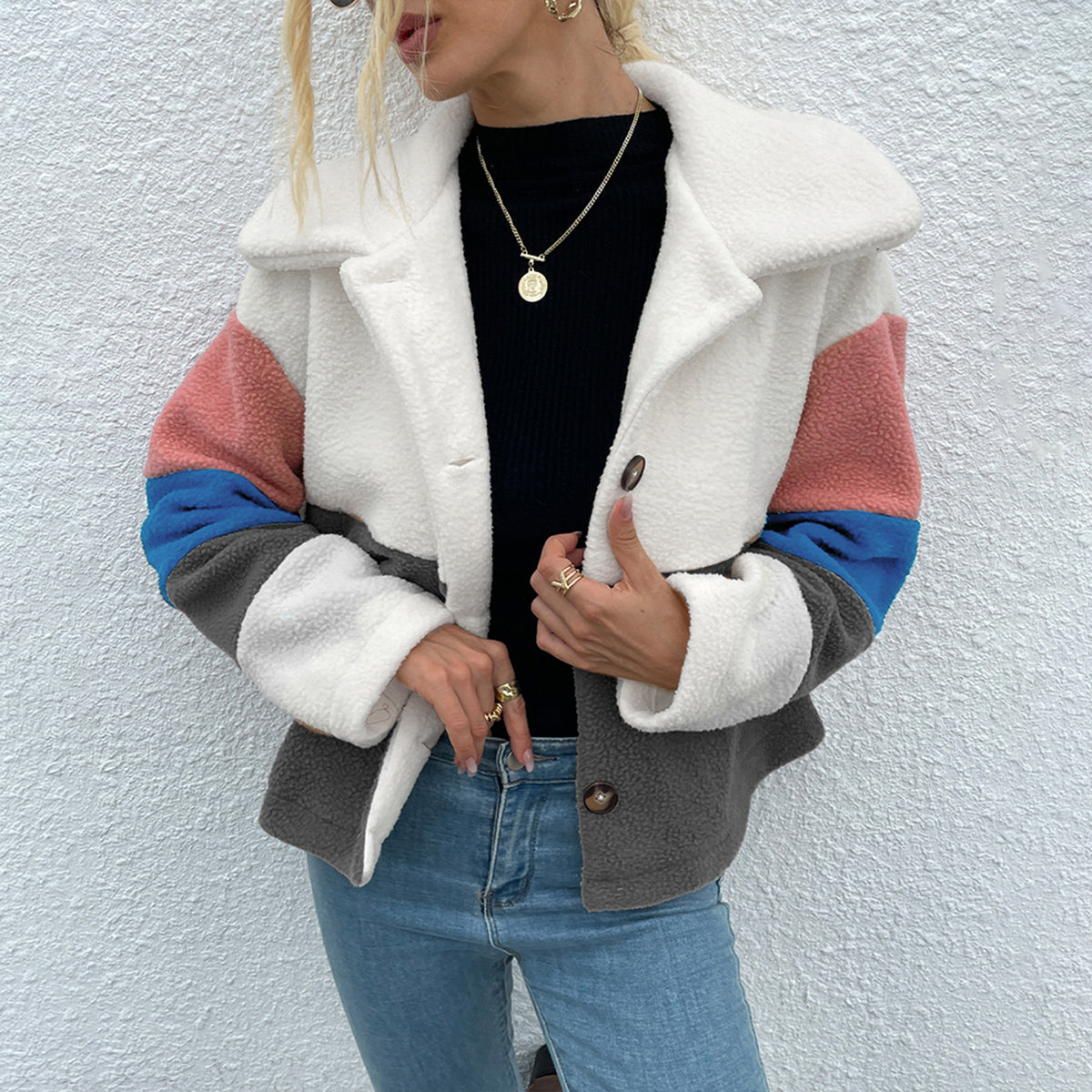 Shiny Color Block Button Down Collared Jacket - aurelia-clothing-8955