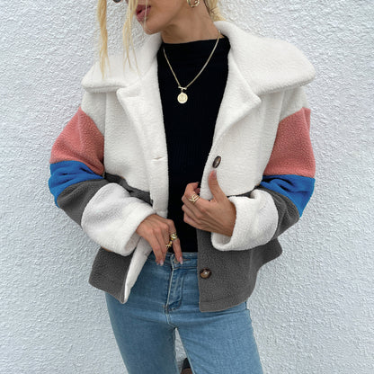 Shiny Color Block Button Down Collared Jacket - aurelia-clothing-8955