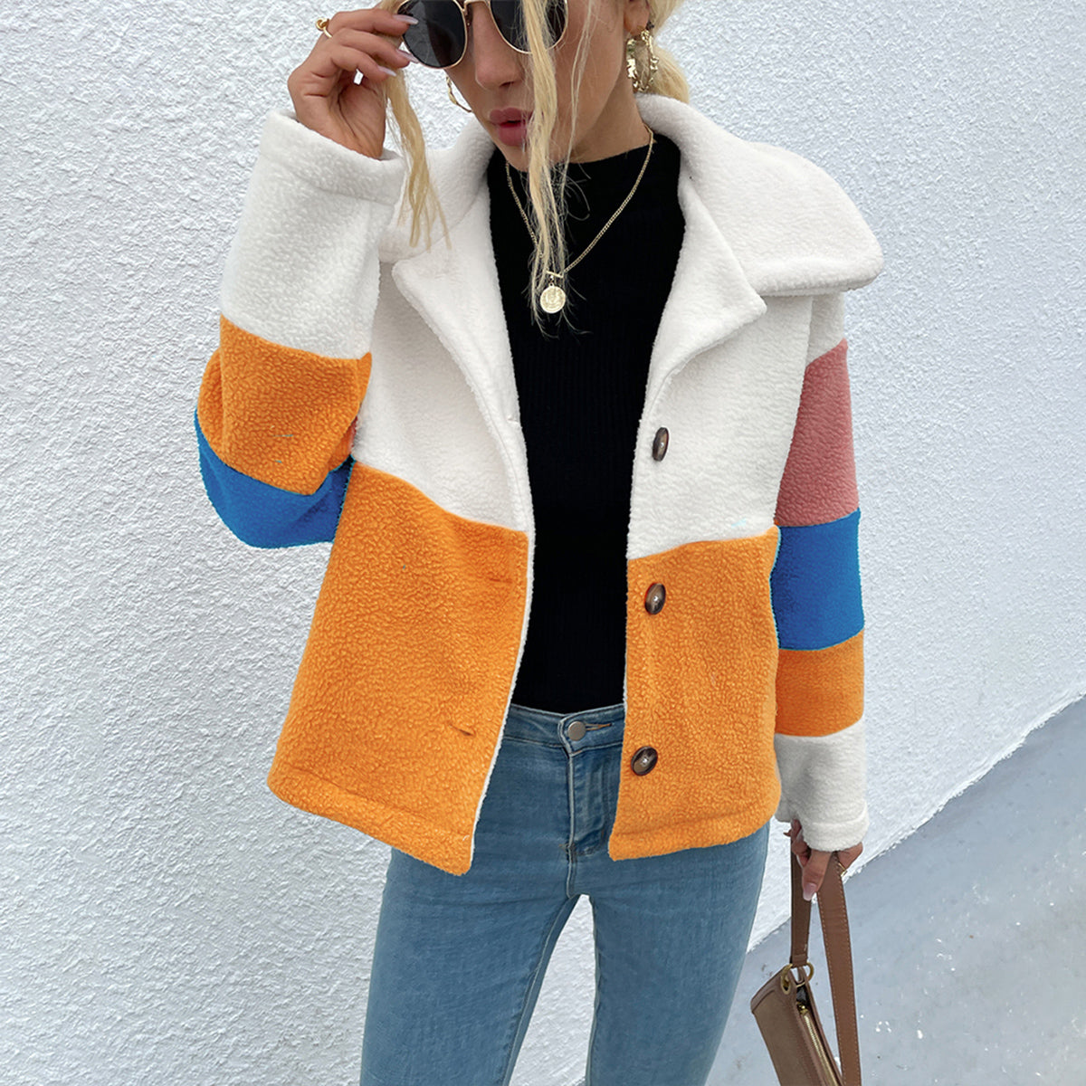 Shiny Color Block Button Down Collared Jacket - aurelia-clothing-8955