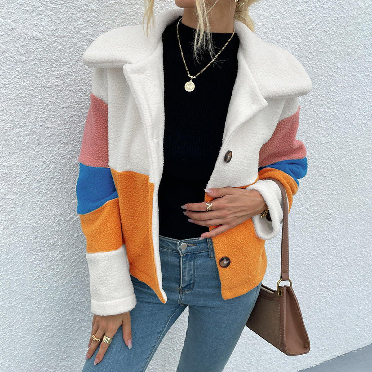 Shiny Color Block Button Down Collared Jacket - aurelia-clothing-8955