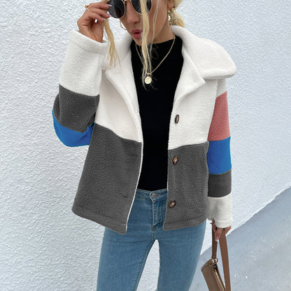 Shiny Color Block Button Down Collared Jacket - aurelia-clothing-8955