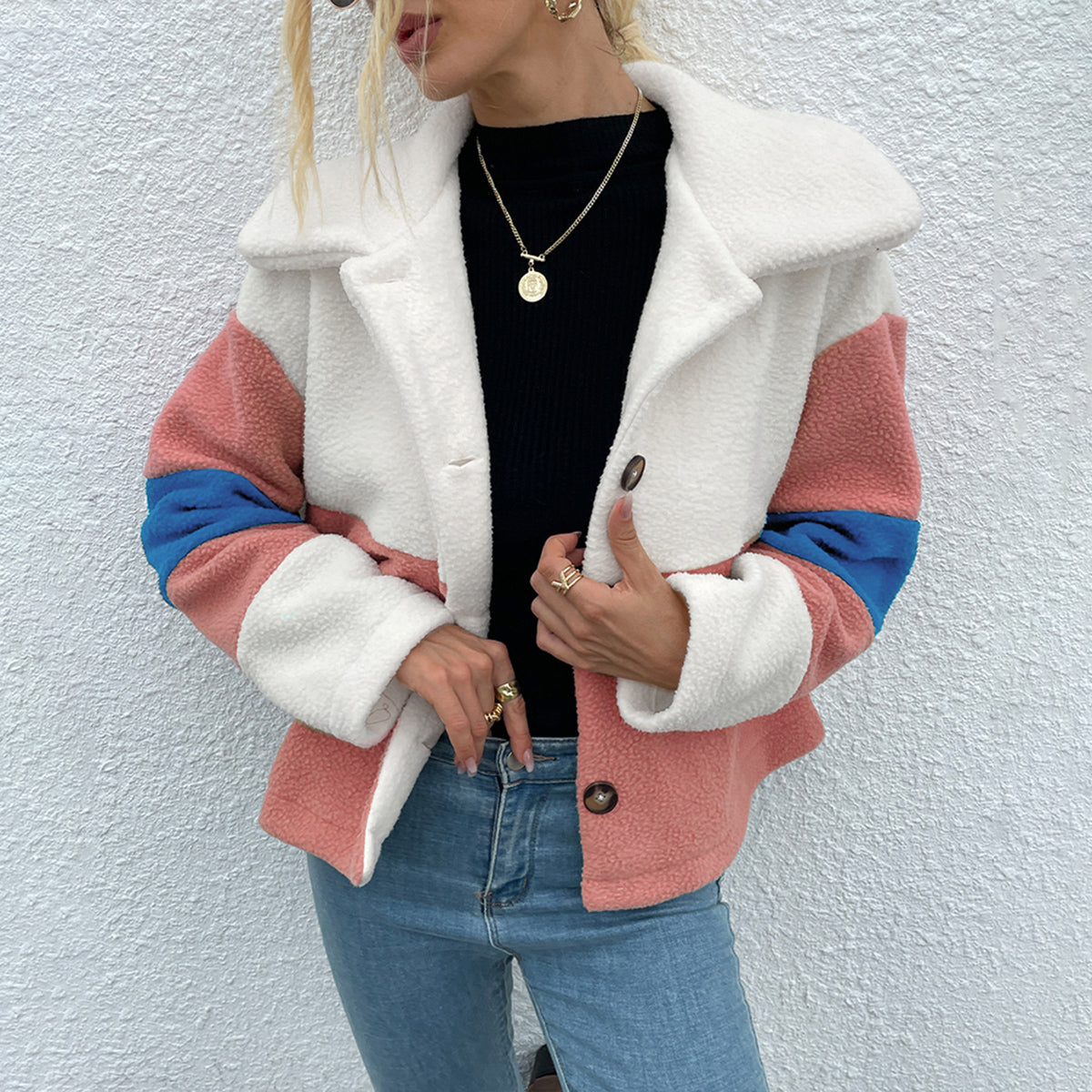Shiny Color Block Button Down Collared Jacket - aurelia-clothing-8955