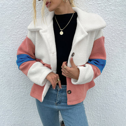 Shiny Color Block Button Down Collared Jacket - aurelia-clothing-8955