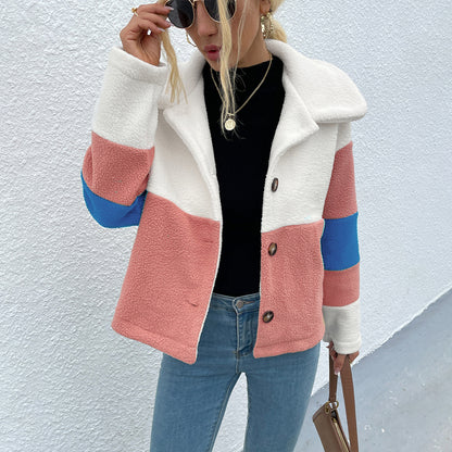 Shiny Color Block Button Down Collared Jacket - aurelia-clothing-8955
