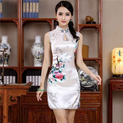 Short Style Cheongsam Traditional Chinese Mini Dress White Womens Elegant Slim Rayon Qipao New Arrival Vestido Size S M L XL XXL - aurelia-clothing-8955