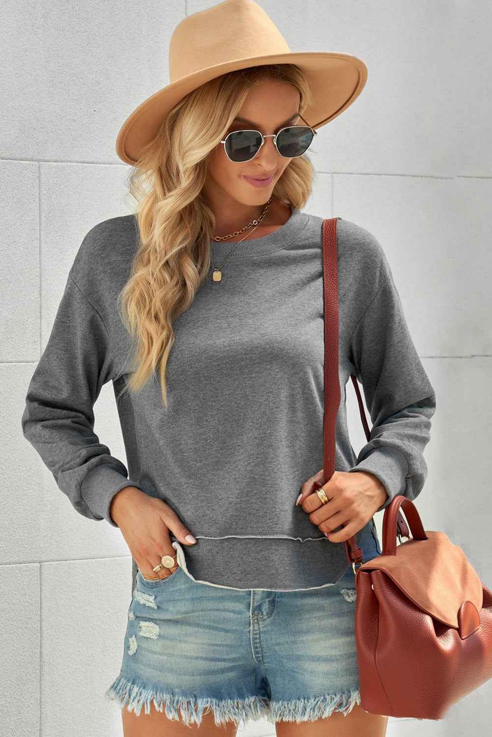 Side Slit Drop Shoulder Sweatshirt - aurelia-clothing-8955