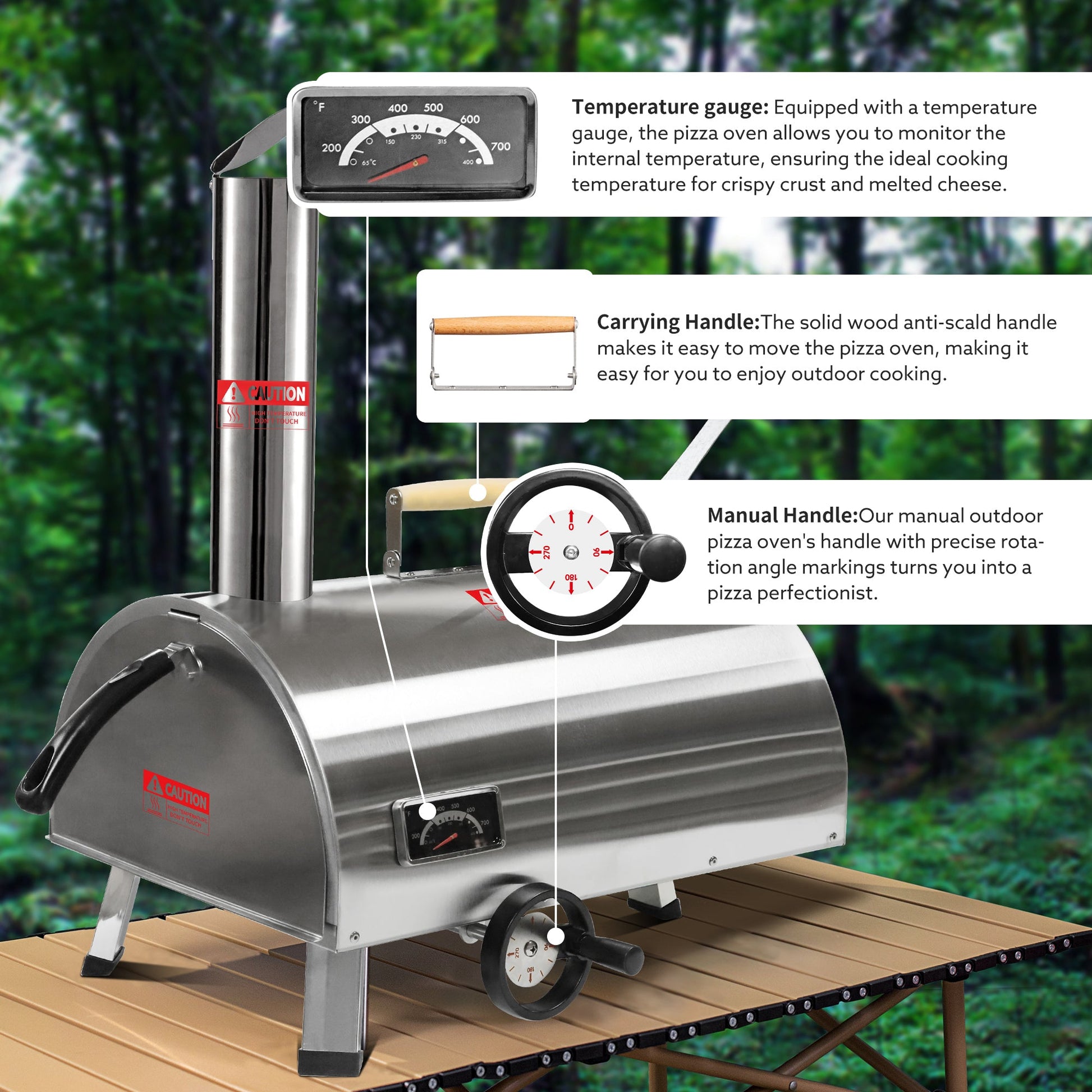 Silver Pizza Oven Outdoor 12 Semi-Automatic Rotatable Pizza Ovens Portable Stainless Steel - aurelia-clothing-8955