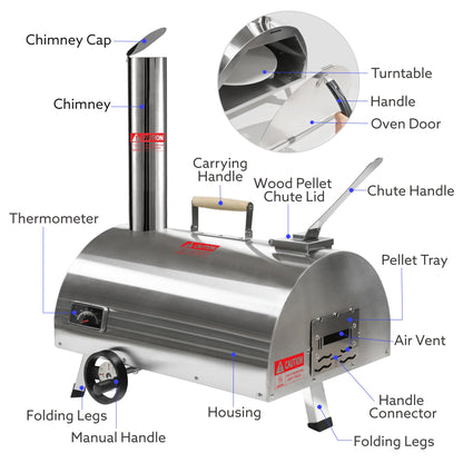 Silver Pizza Oven Outdoor 12 Semi-Automatic Rotatable Pizza Ovens Portable Stainless Steel - aurelia-clothing-8955
