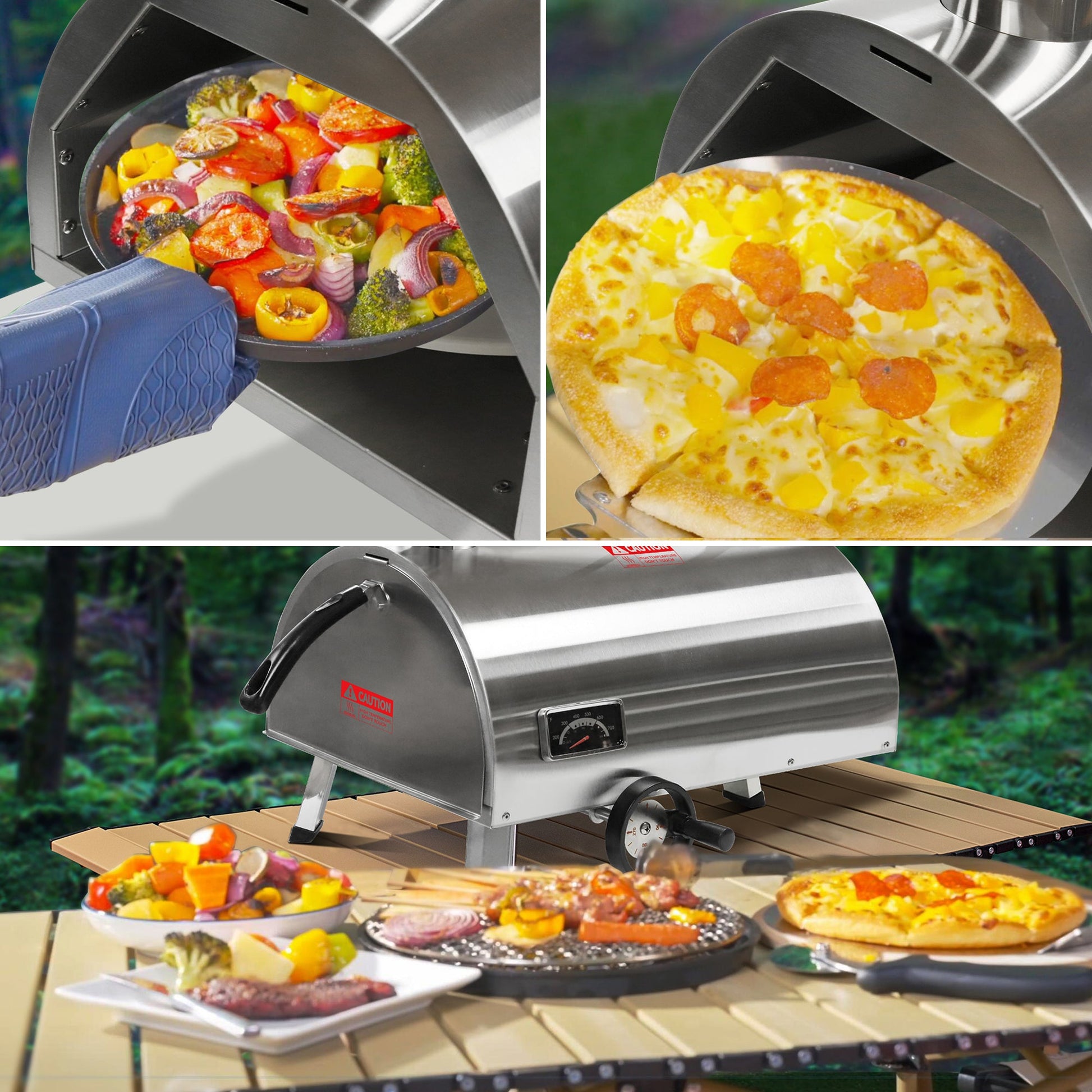 Silver Pizza Oven Outdoor 12 Semi-Automatic Rotatable Pizza Ovens Portable Stainless Steel - aurelia-clothing-8955