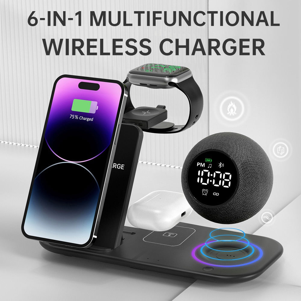 Six in one mobile phone watch headphones wireless charging clock alarm Bluetooth speaker night light - Free Shipping - aurelia-clothing-8955
