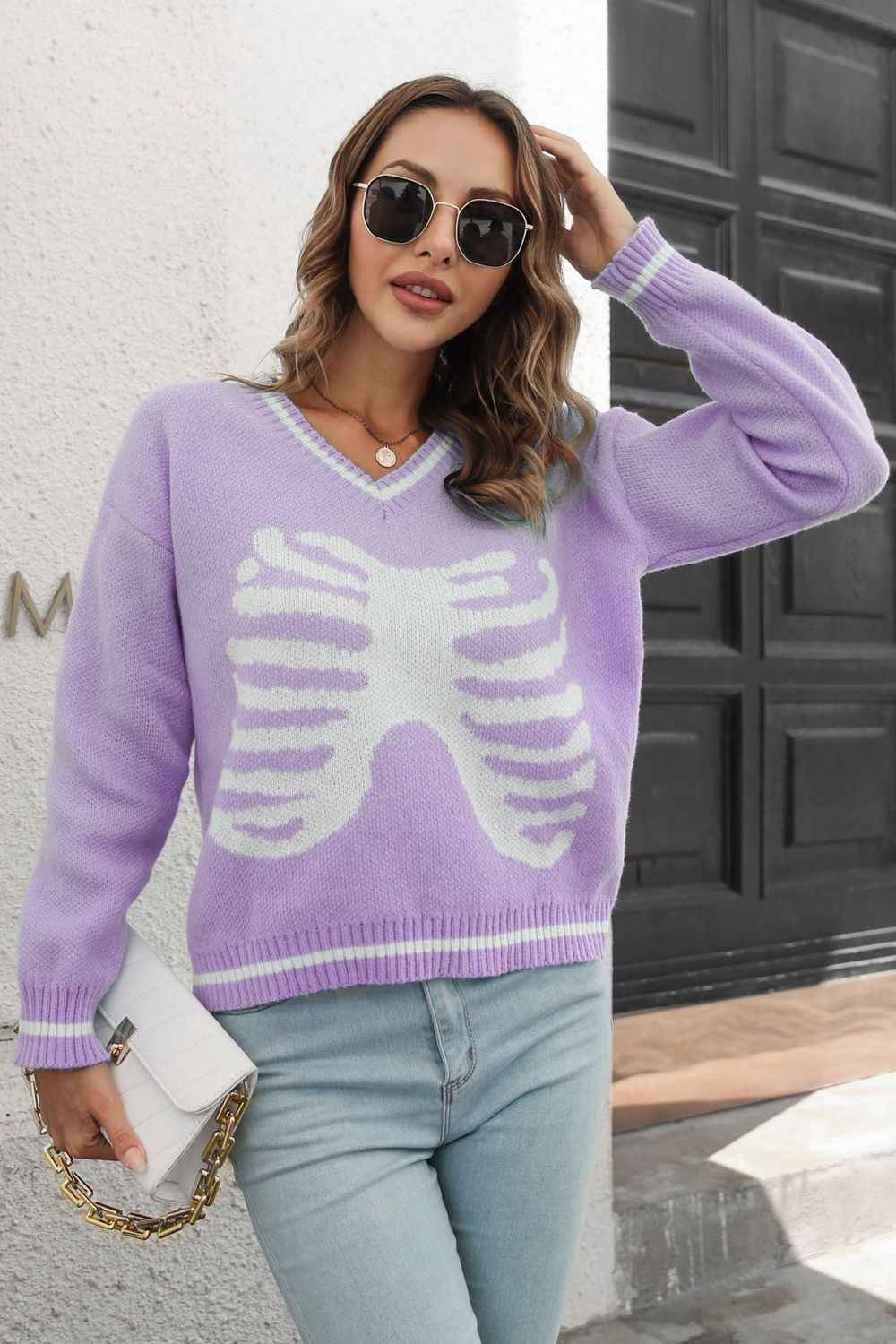 Skeleton Pattern V-Neck Long Sleeve Pullover Sweater - aurelia-clothing-8955