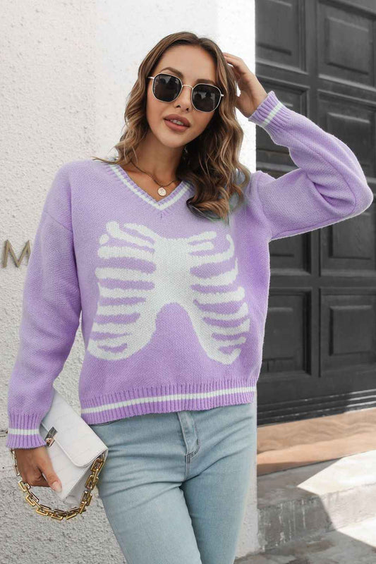 Skeleton Pattern V-Neck Long Sleeve Pullover Sweater - aurelia-clothing-8955