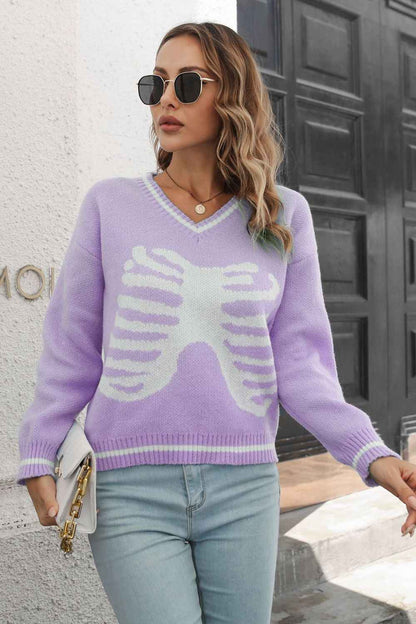 Skeleton Pattern V-Neck Long Sleeve Pullover Sweater - aurelia-clothing-8955