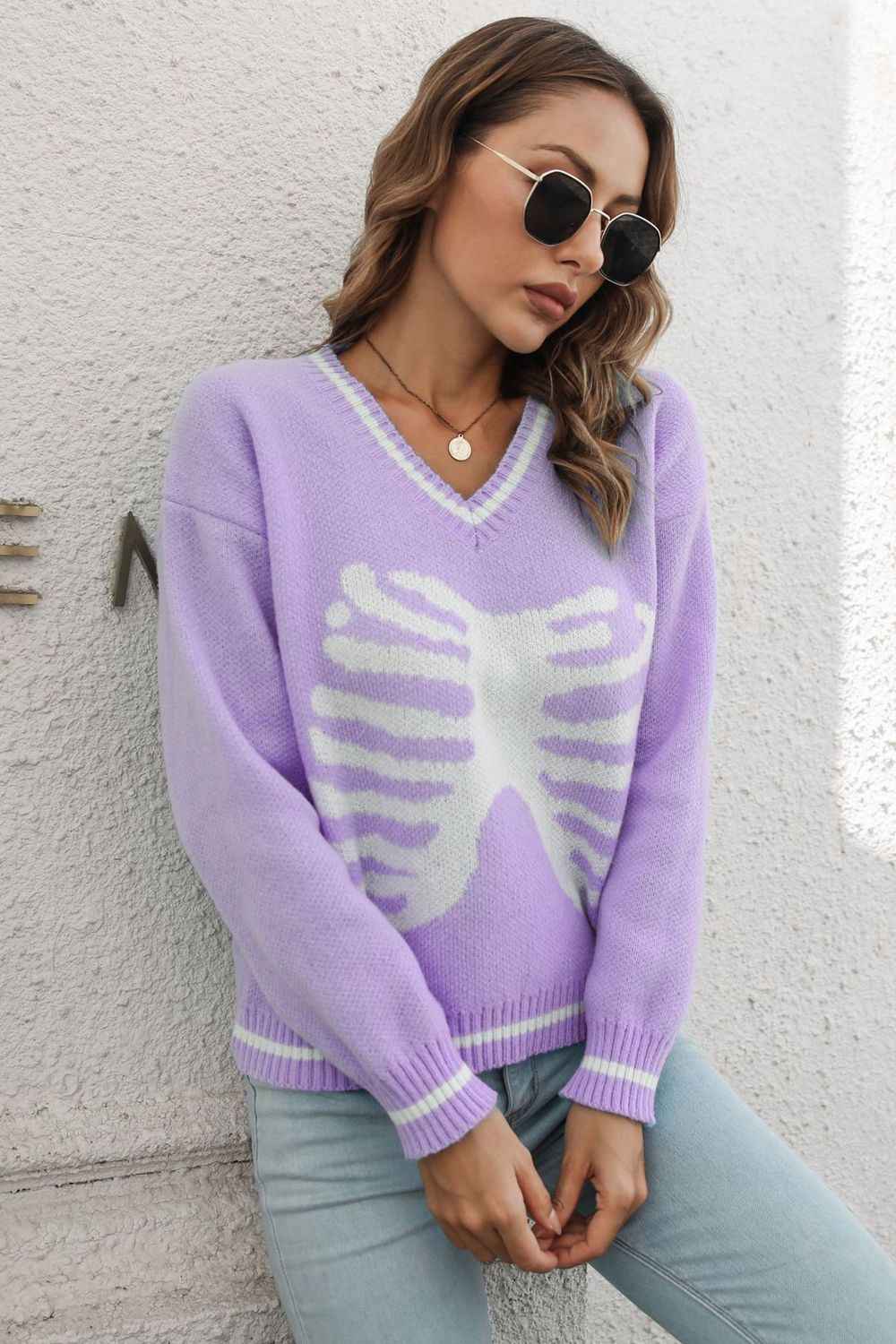Skeleton Pattern V-Neck Long Sleeve Pullover Sweater - aurelia-clothing-8955