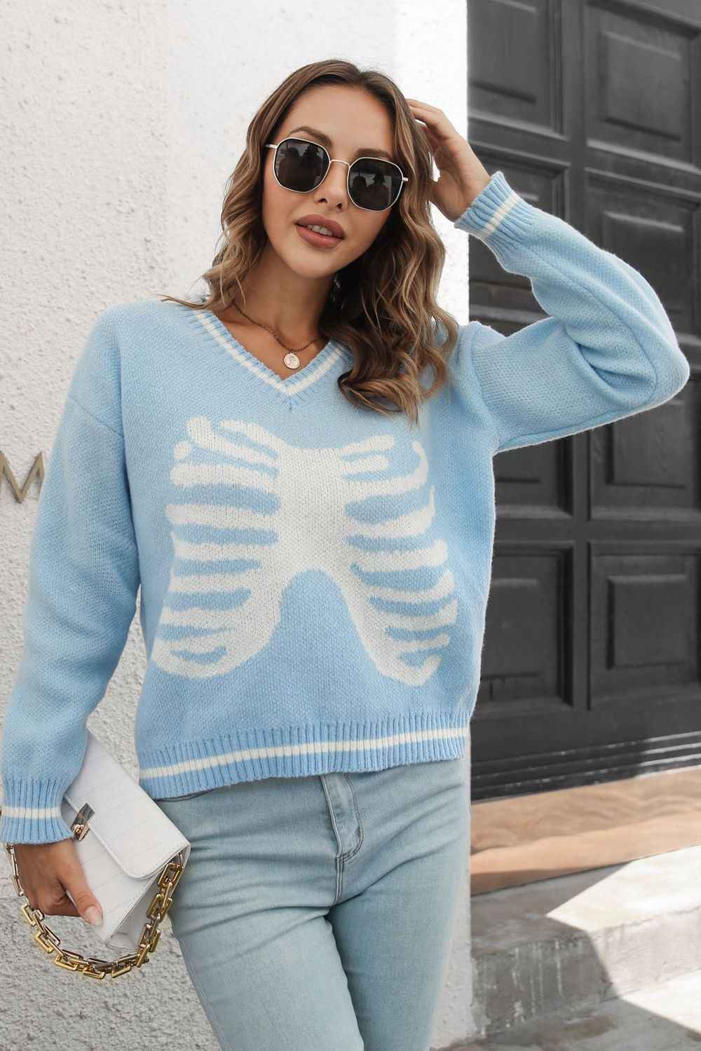 Skeleton Pattern V-Neck Long Sleeve Pullover Sweater - aurelia-clothing-8955