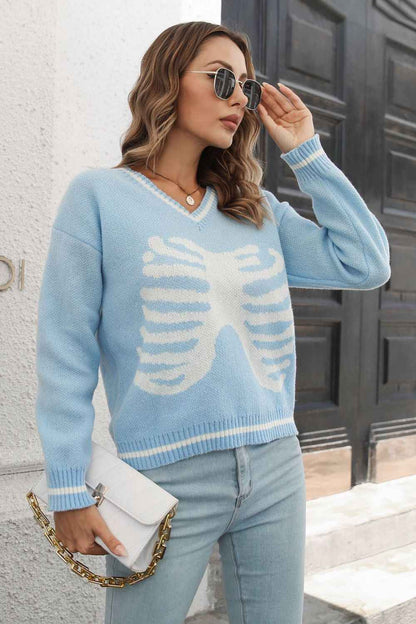 Skeleton Pattern V-Neck Long Sleeve Pullover Sweater - aurelia-clothing-8955