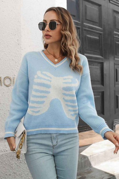 Skeleton Pattern V-Neck Long Sleeve Pullover Sweater - aurelia-clothing-8955