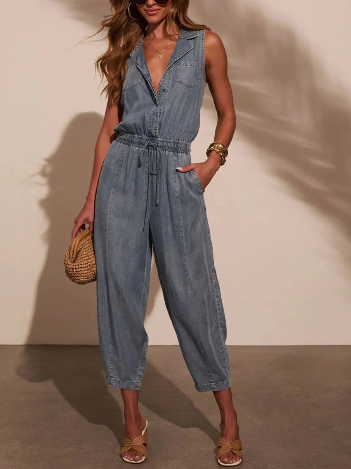 Sleeveless Drawstring Waist Washed Denim Jumpsuit - Free Shipping - aurelia-clothing-8955