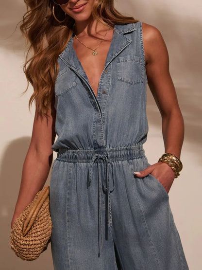Sleeveless Drawstring Waist Washed Denim Jumpsuit - Free Shipping - aurelia-clothing-8955