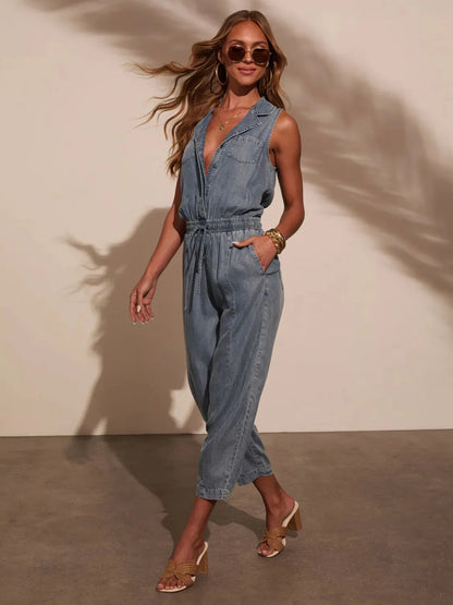 Sleeveless Drawstring Waist Washed Denim Jumpsuit - Free Shipping - aurelia-clothing-8955