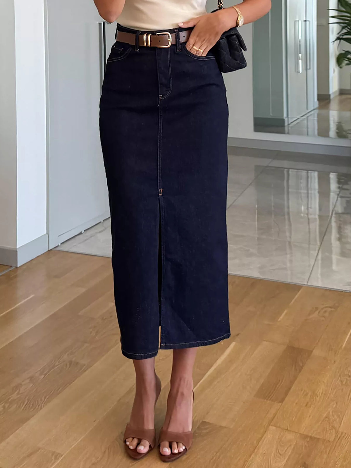 Slit Front Denim Skirt-Free Shipping - aurelia-clothing-8955