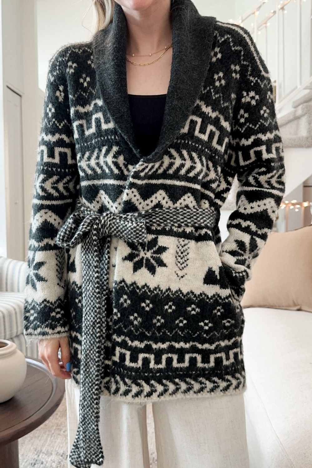 Snowflakes Collared Neck Long Sleeve Cardigan - aurelia-clothing-8955