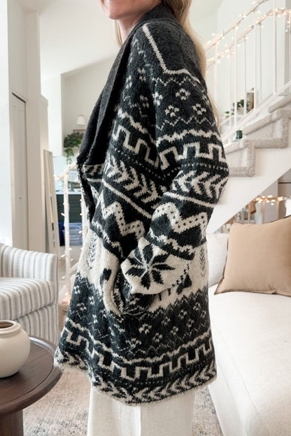 Snowflakes Collared Neck Long Sleeve Cardigan - aurelia-clothing-8955