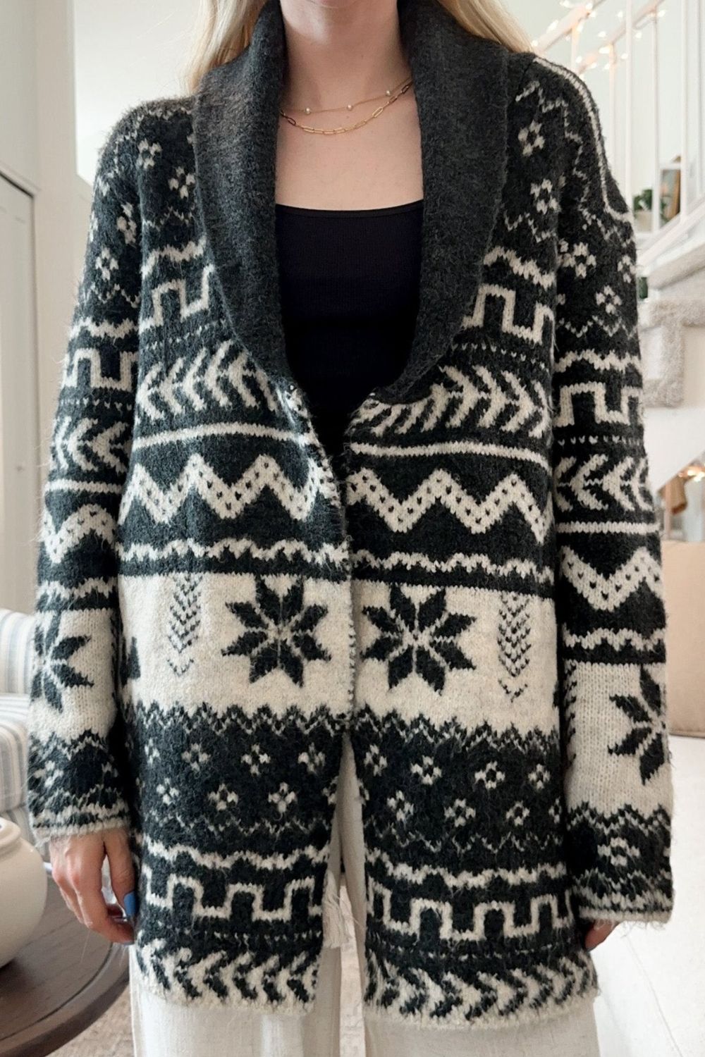 Snowflakes Collared Neck Long Sleeve Cardigan - aurelia-clothing-8955
