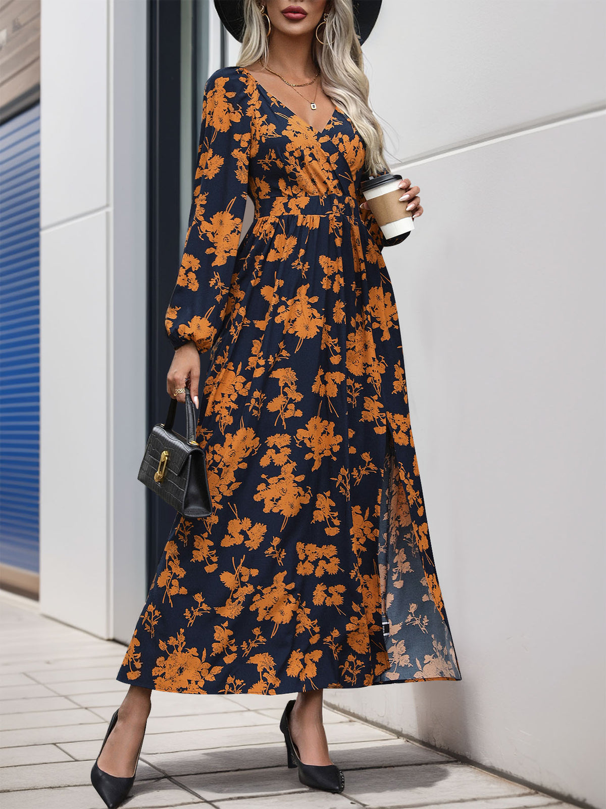 Split Printed Surplice Long Sleeve Midi Dress - Free Shipping - aurelia-clothing-8955