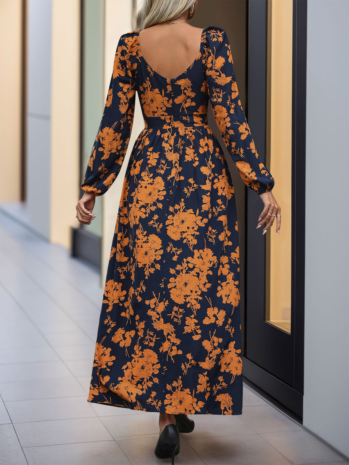 Split Printed Surplice Long Sleeve Midi Dress - Free Shipping - aurelia-clothing-8955