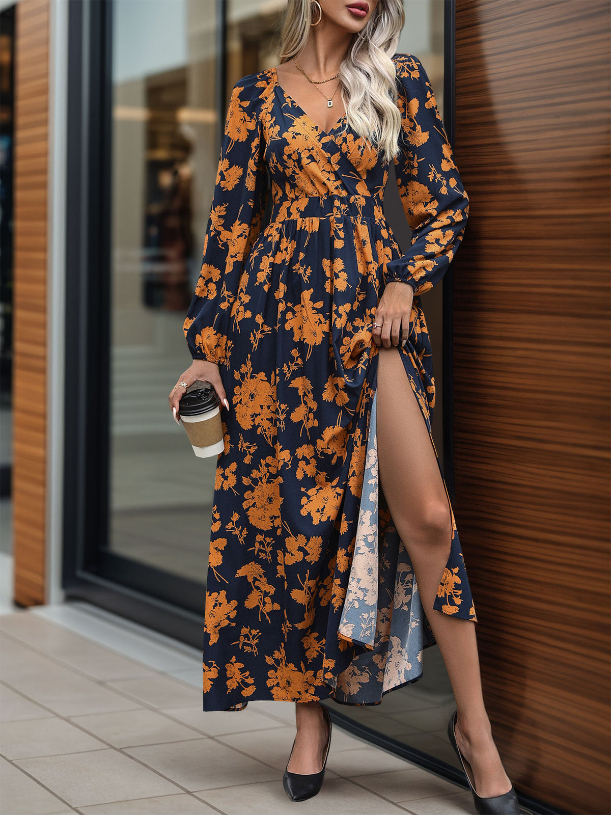 Split Printed Surplice Long Sleeve Midi Dress - Free Shipping - aurelia-clothing-8955