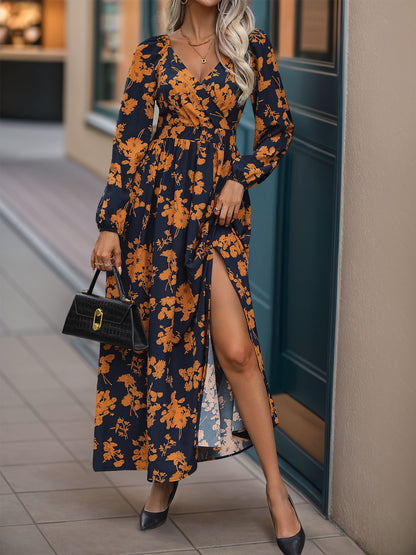 Split Printed Surplice Long Sleeve Midi Dress - Free Shipping - aurelia-clothing-8955