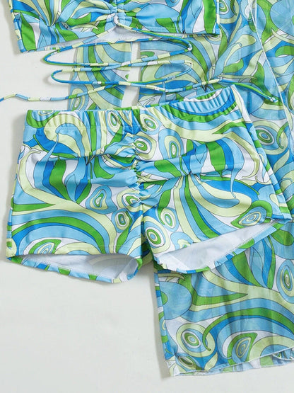 Split three-piece high waist long-sleeved ins blouse drawstring bikini - aurelia-clothing-8955