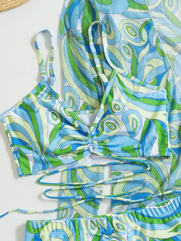 Split three-piece high waist long-sleeved ins blouse drawstring bikini - aurelia-clothing-8955