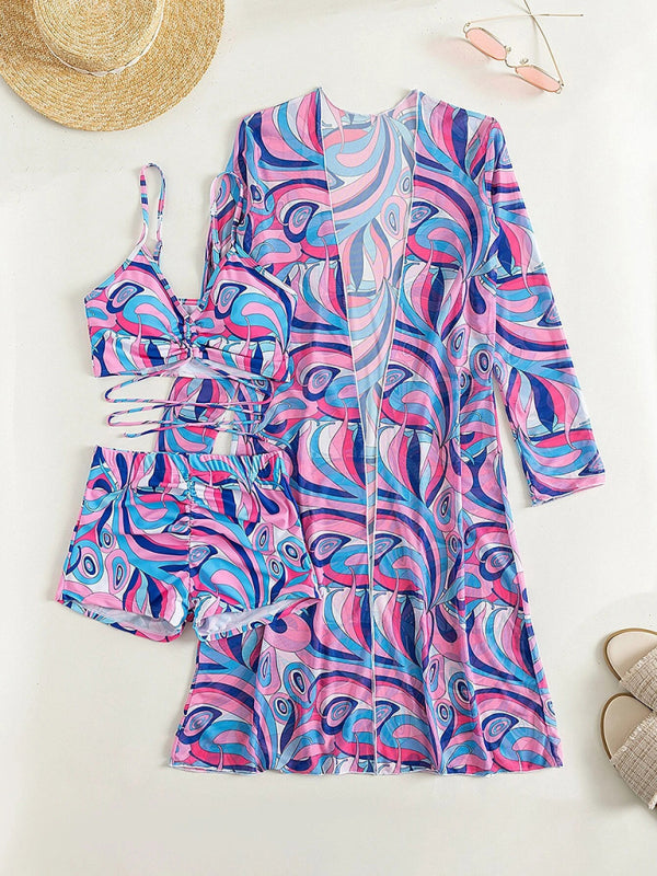 Split three-piece high waist long-sleeved ins blouse drawstring bikini - aurelia-clothing-8955