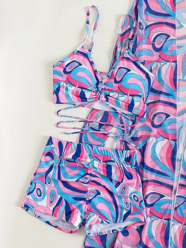 Split three-piece high waist long-sleeved ins blouse drawstring bikini - aurelia-clothing-8955