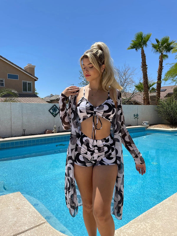 Split three-piece high waist long-sleeved ins blouse drawstring bikini - aurelia-clothing-8955