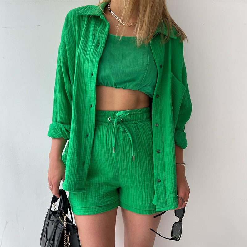 Spring Ruffle Collar Long Sleeve Shirt High Waist Drawstring Shorts Large Fashion Casual Suit - Free Shipping - aurelia-clothing-8955