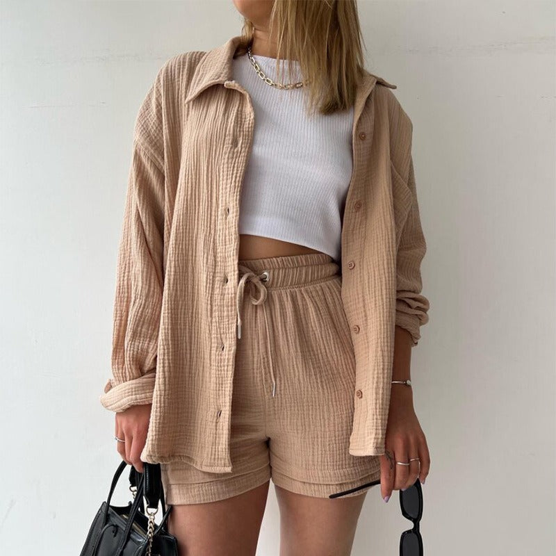 Spring Ruffle Collar Long Sleeve Shirt High Waist Drawstring Shorts Large Fashion Casual Suit - Free Shipping - aurelia-clothing-8955