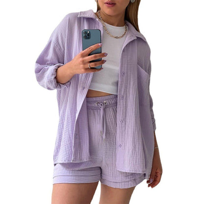 Spring Ruffle Collar Long Sleeve Shirt High Waist Drawstring Shorts Large Fashion Casual Suit - Free Shipping - aurelia-clothing-8955