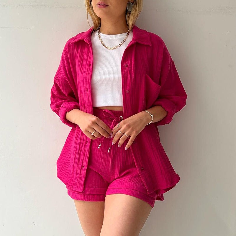 Spring Ruffle Collar Long Sleeve Shirt High Waist Drawstring Shorts Large Fashion Casual Suit - Free Shipping - aurelia-clothing-8955