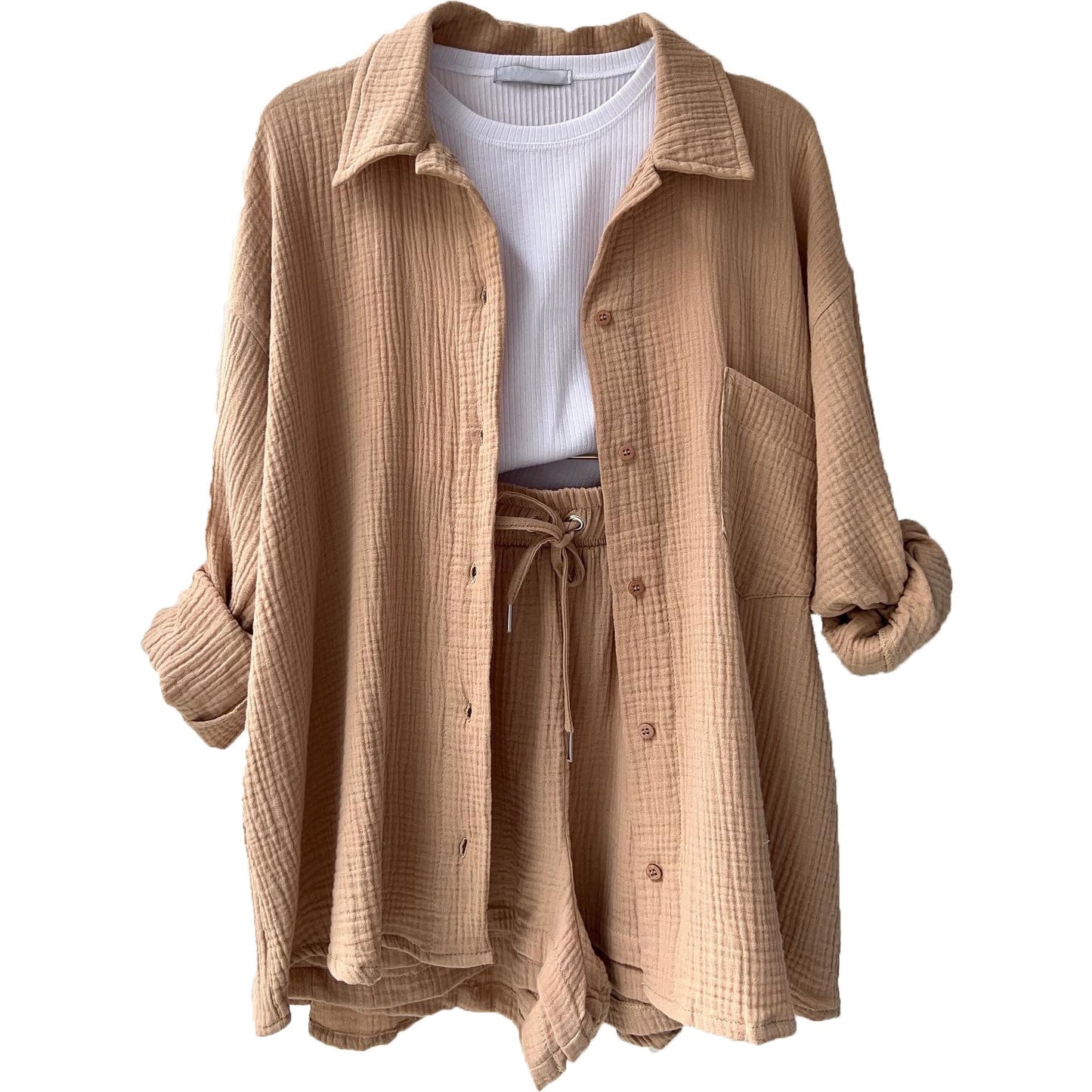 Spring Ruffle Collar Long Sleeve Shirt High Waist Drawstring Shorts Large Fashion Casual Suit - Free Shipping - aurelia-clothing-8955