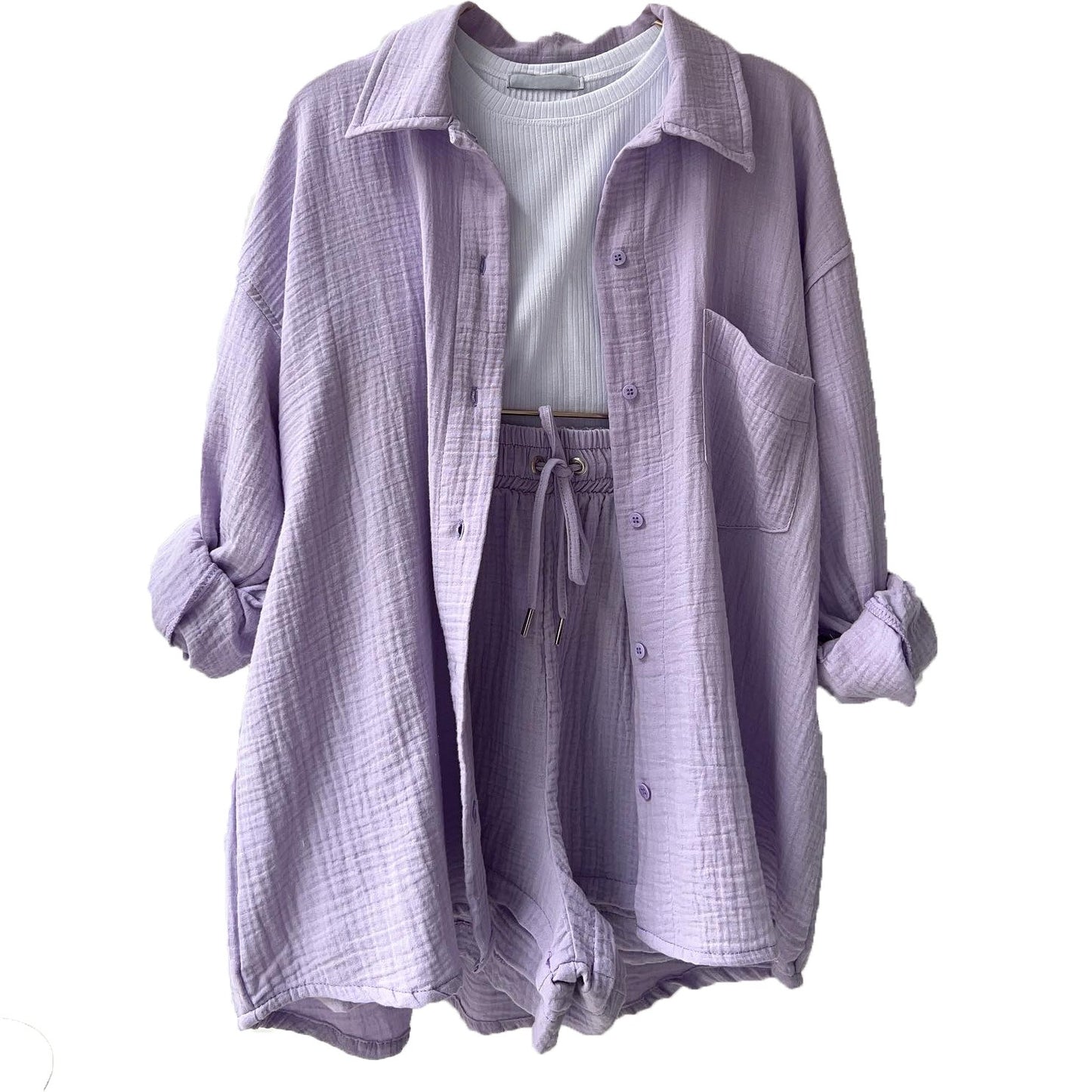 Spring Ruffle Collar Long Sleeve Shirt High Waist Drawstring Shorts Large Fashion Casual Suit - Free Shipping - aurelia-clothing-8955