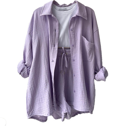 Spring Ruffle Collar Long Sleeve Shirt High Waist Drawstring Shorts Large Fashion Casual Suit - Free Shipping - aurelia-clothing-8955