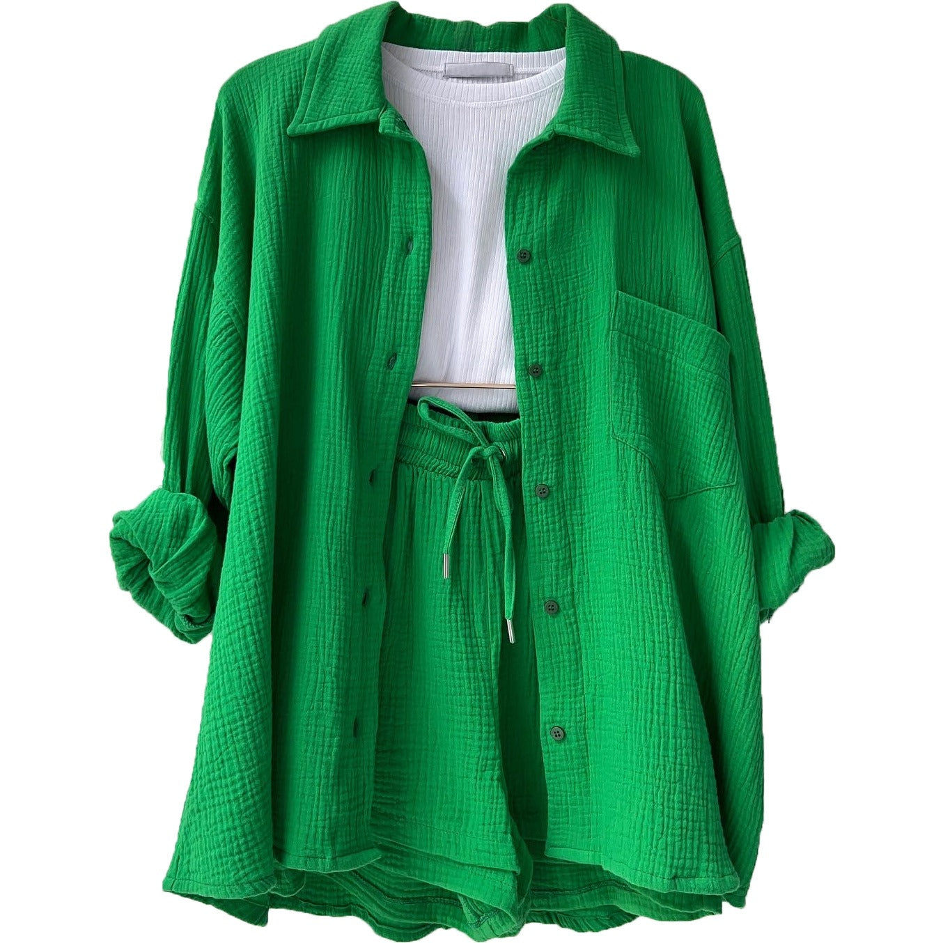 Spring Ruffle Collar Long Sleeve Shirt High Waist Drawstring Shorts Large Fashion Casual Suit - Free Shipping - aurelia-clothing-8955