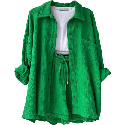 Spring Ruffle Collar Long Sleeve Shirt High Waist Drawstring Shorts Large Fashion Casual Suit - Free Shipping - aurelia-clothing-8955