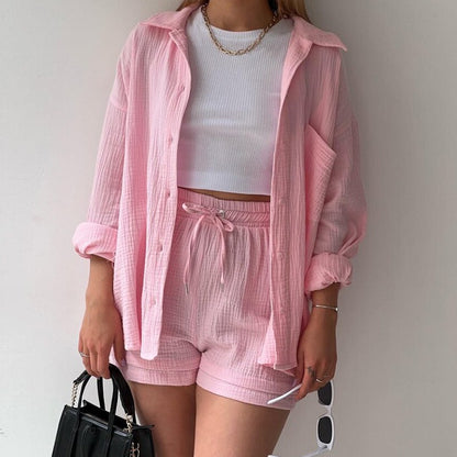 Spring Ruffle Collar Long Sleeve Shirt High Waist Drawstring Shorts Large Fashion Casual Suit - Free Shipping - aurelia-clothing-8955