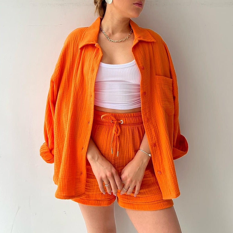 Spring Ruffle Collar Long Sleeve Shirt High Waist Drawstring Shorts Large Fashion Casual Suit - Free Shipping - aurelia-clothing-8955